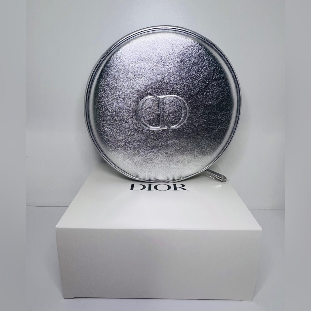 NEW Dior Metallic Silver Circular Zip Pouch Cosmetic Bag